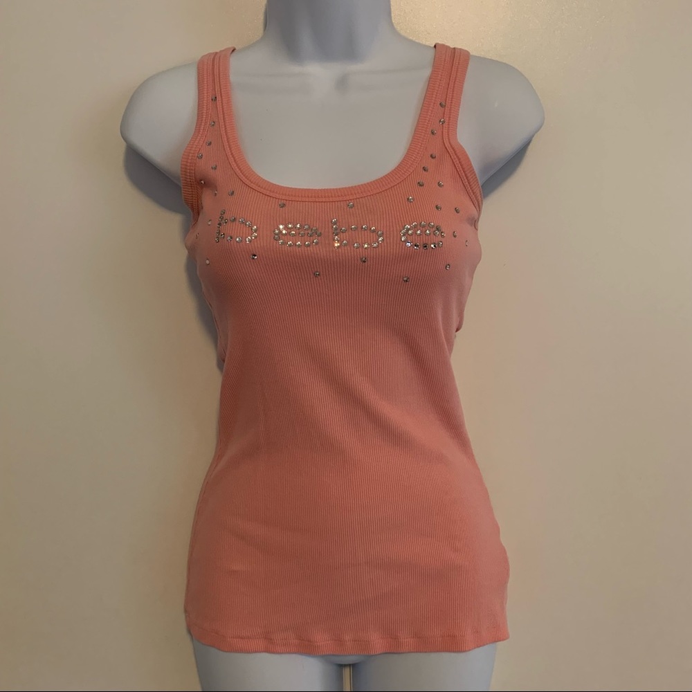 bebe Coral Pink Embellished Ribbed Tank Top